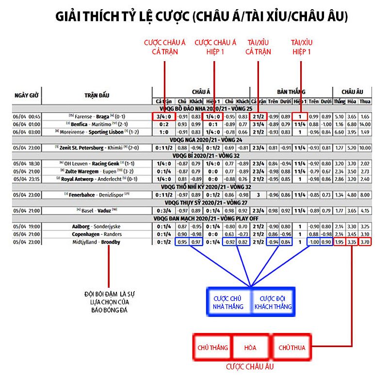 Giải thích tỷ lệ cược (Châu Á/Tài Xỉu/ Châu Âu)