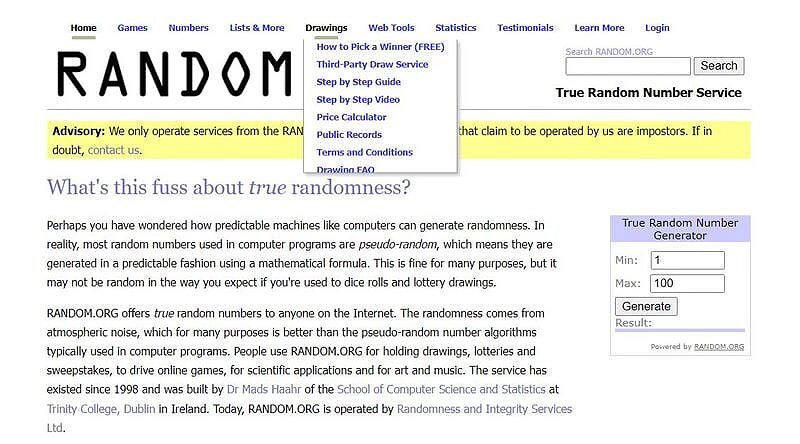 Giao diện phần mềm Random.org, cho phép tạo ra các con số ngẫu nhiên từ 0 đến 1000000000.